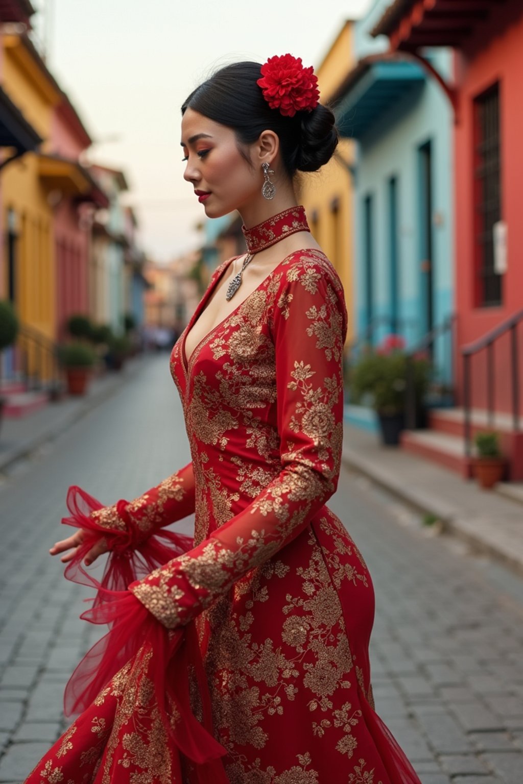 exquisite and traditional  woman in Buenos Aires wearing a tango dress/gaucho attire, colorful houses of La Boca neighborhood in the background