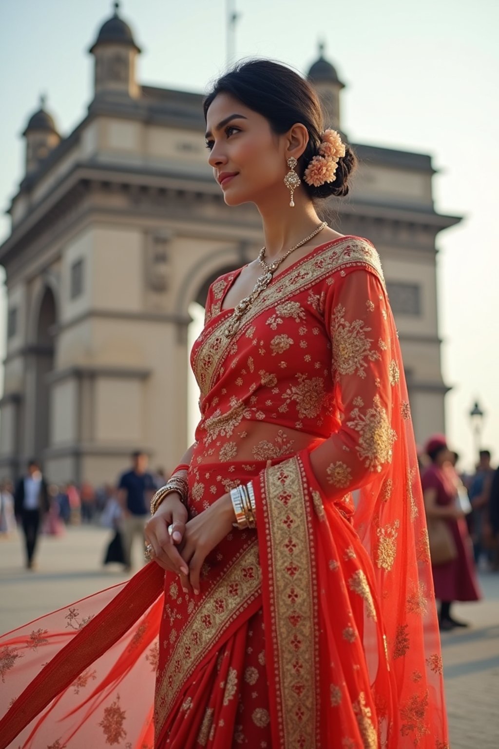 glamorous and traditional  woman in Mumbai wearing a vibrant Saree Sherwani, Gateway of India in the background