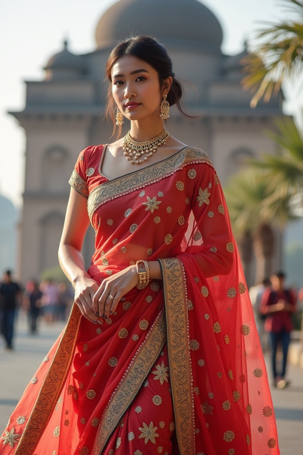 glamorous and traditional  woman in Mumbai wearing a vibrant Saree Sherwani, Gateway of India in the background