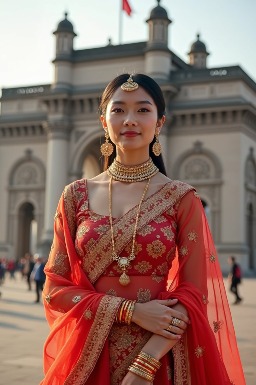 glamorous and traditional  woman in Mumbai wearing a vibrant Saree Sherwani, Gateway of India in the background