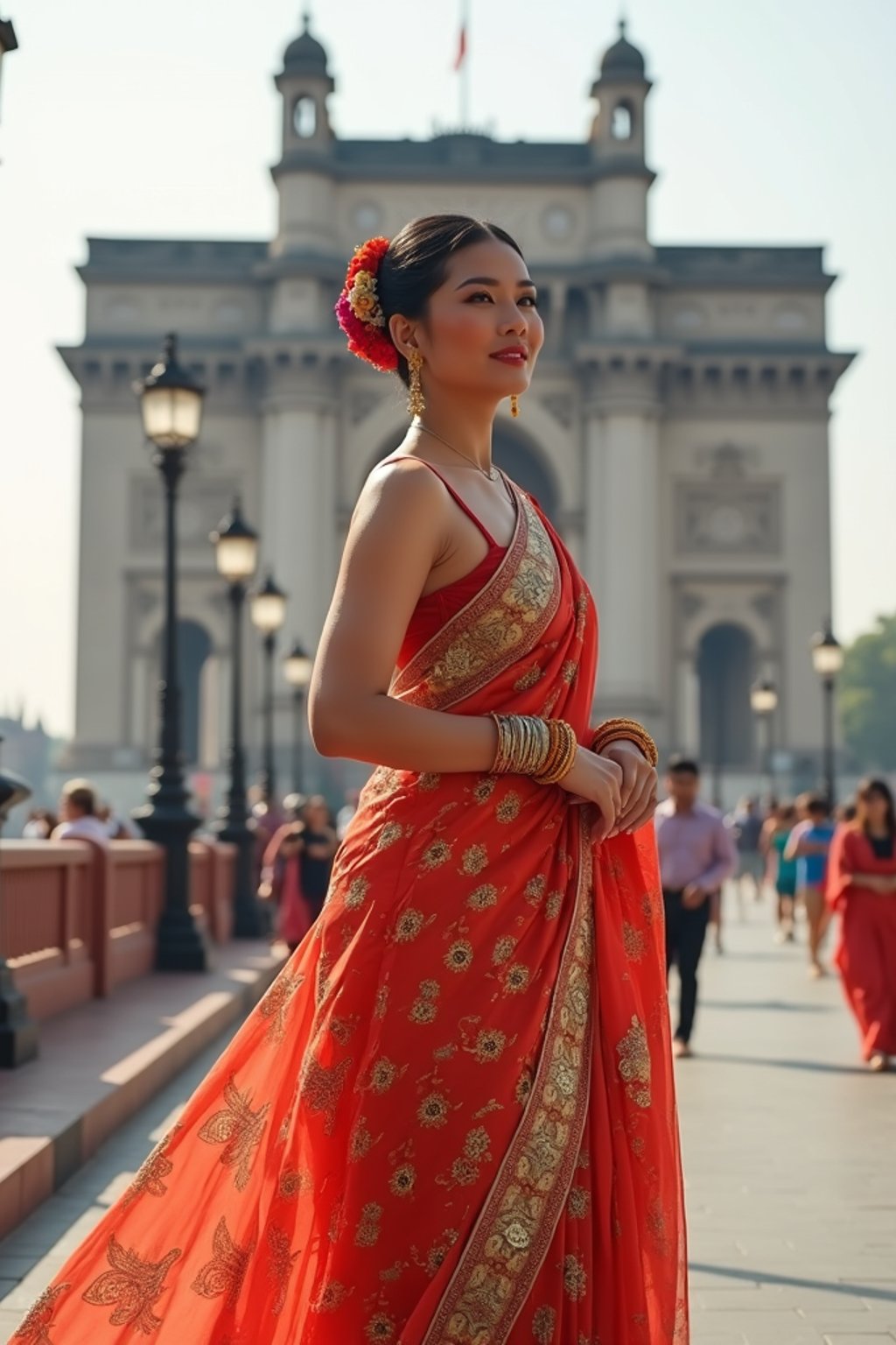 glamorous and traditional  woman in Mumbai wearing a vibrant Saree Sherwani, Gateway of India in the background