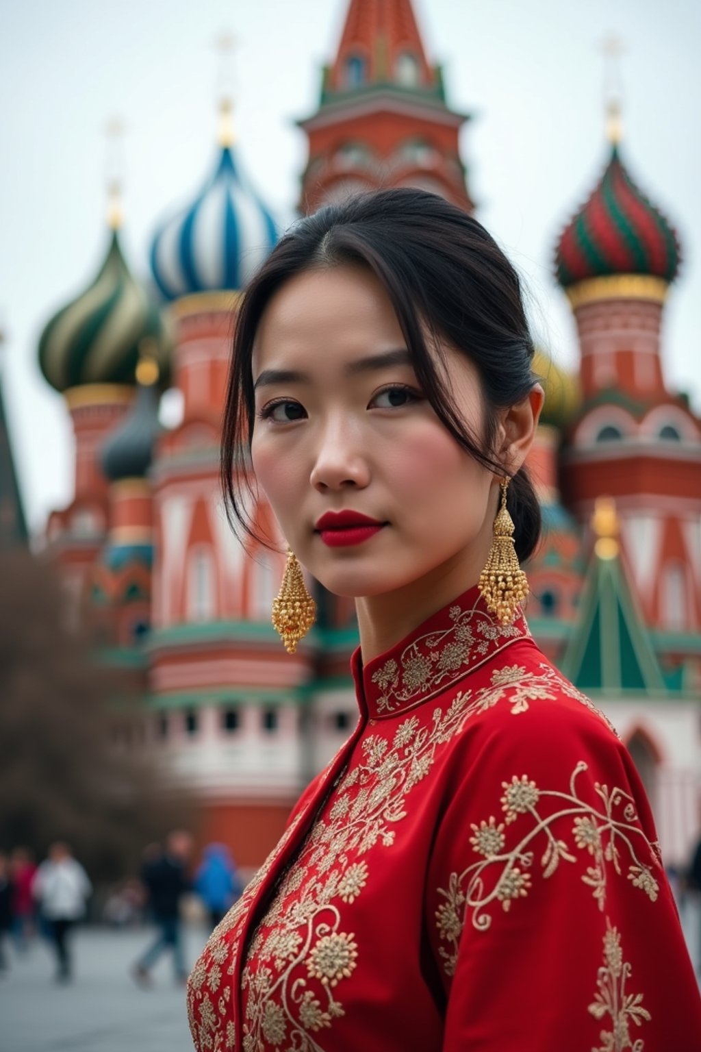 lovely and cultural  woman in Moscow wearing a traditional sarafan/kosovorotka, Saint Basil's Cathedral in the background