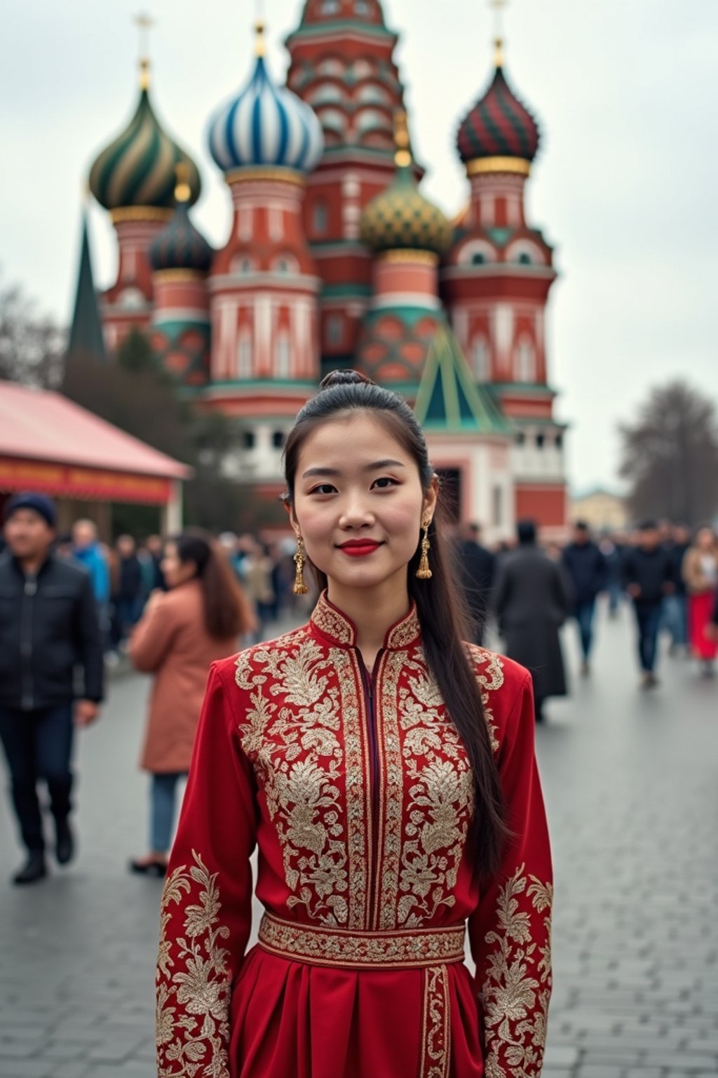 lovely and cultural  woman in Moscow wearing a traditional sarafan/kosovorotka, Saint Basil's Cathedral in the background