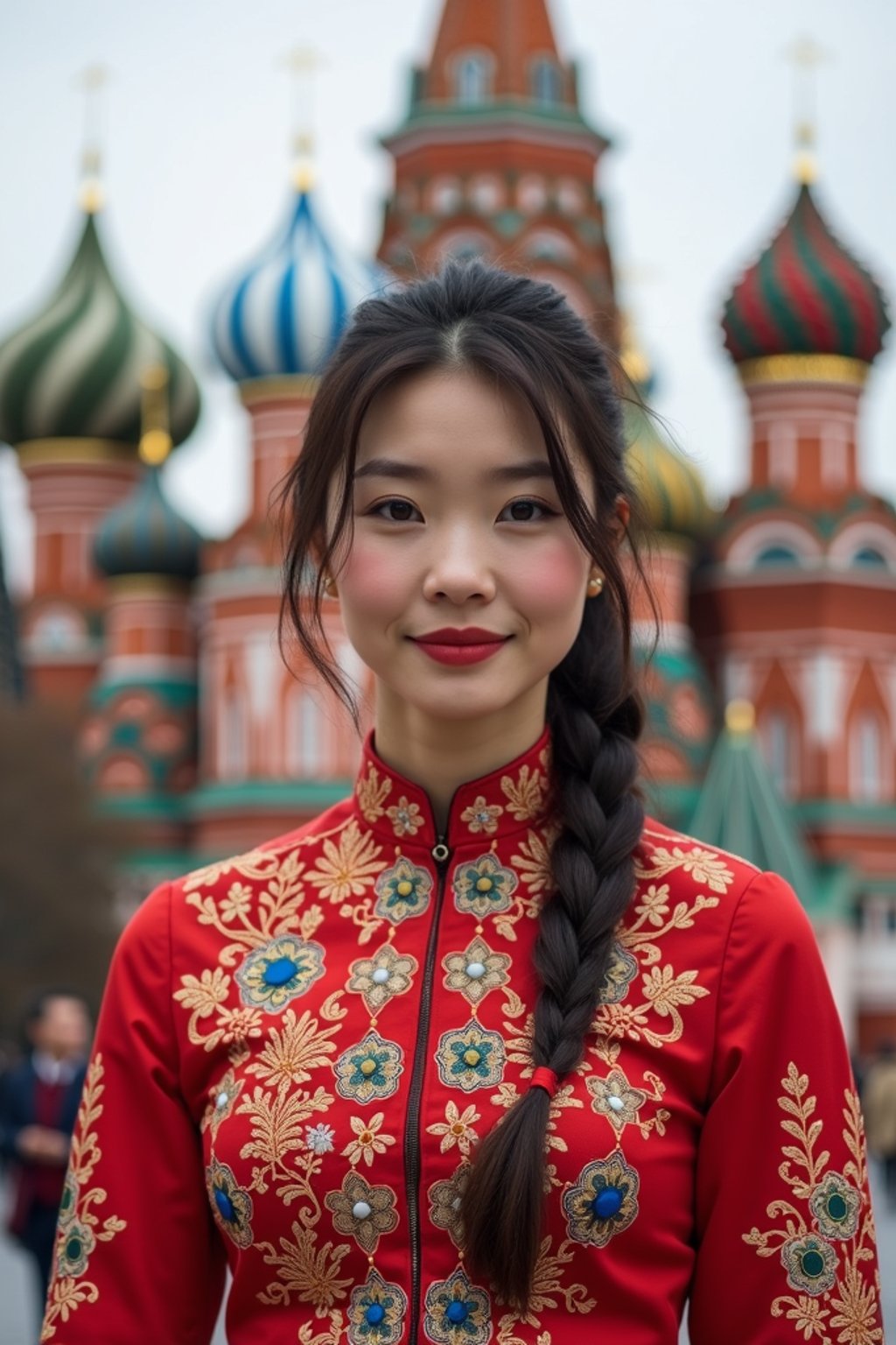 lovely and cultural  woman in Moscow wearing a traditional sarafan/kosovorotka, Saint Basil's Cathedral in the background