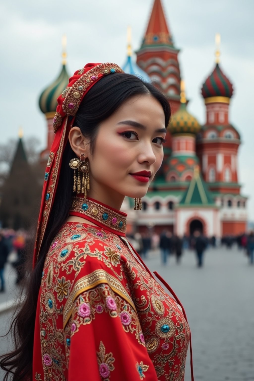 lovely and cultural  woman in Moscow wearing a traditional sarafan/kosovorotka, Saint Basil's Cathedral in the background