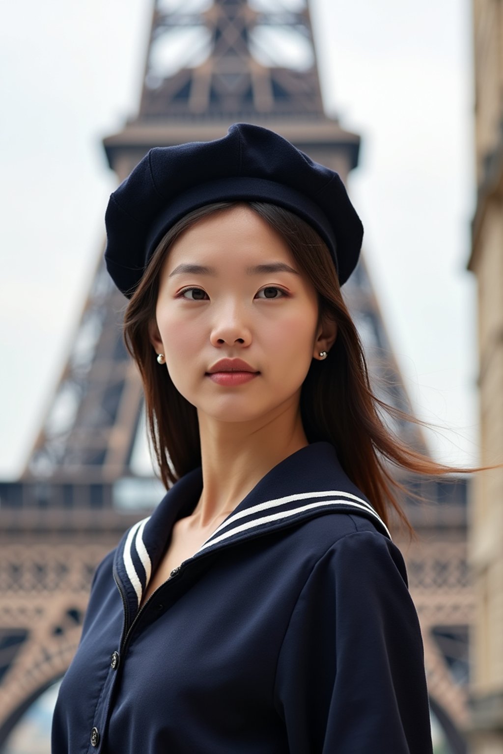 stylish and sophisticated  woman in Paris wearing a traditional Breton shirt and beret, Eiffel Tower in the background