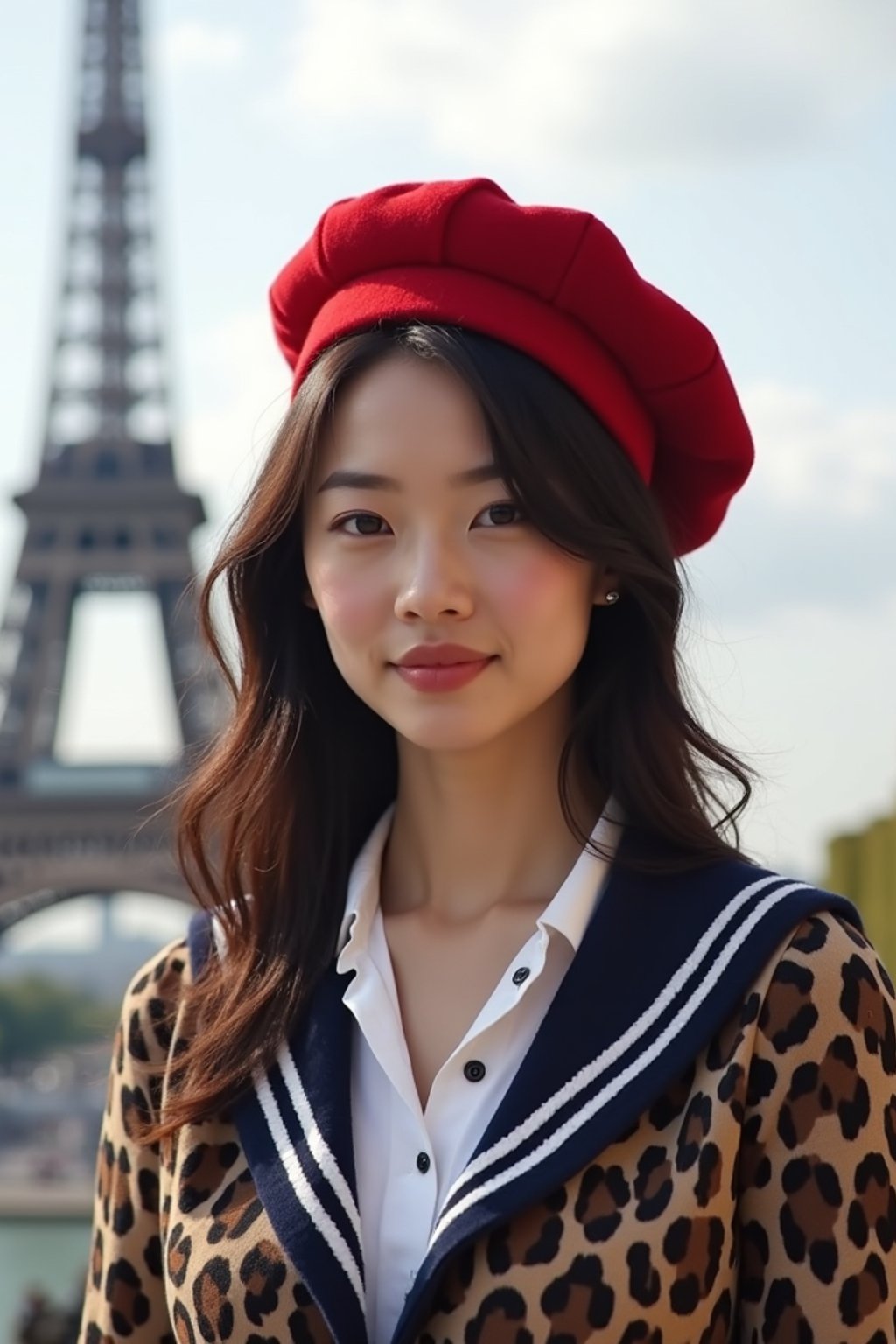 stylish and sophisticated  woman in Paris wearing a traditional Breton shirt and beret, Eiffel Tower in the background