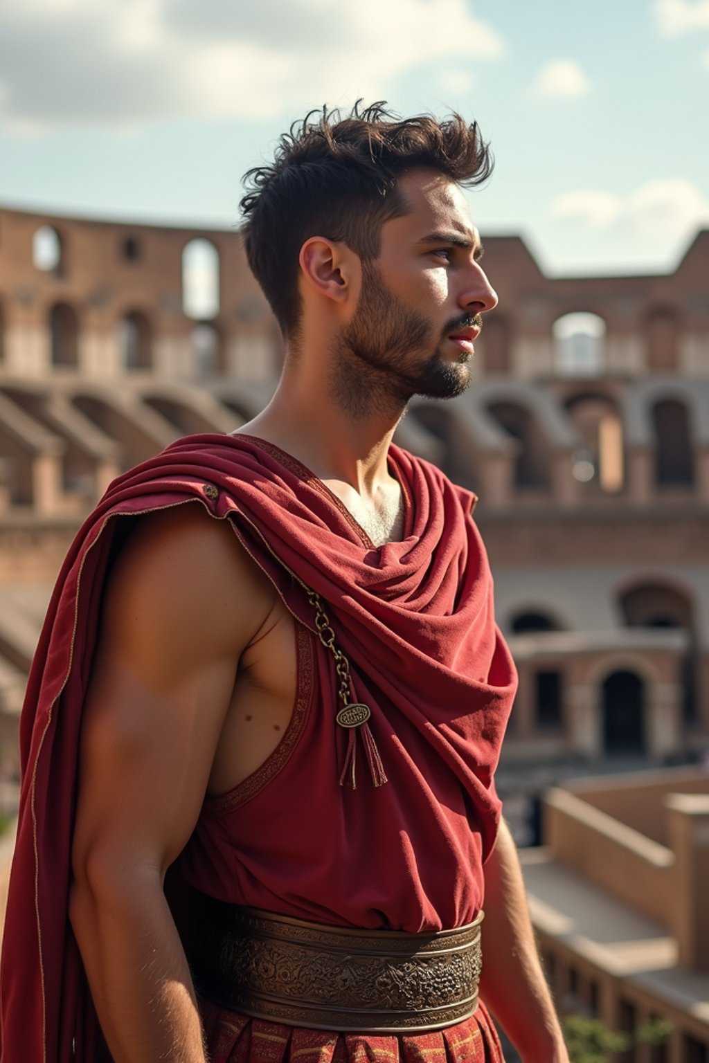 grand and historical man in Rome wearing a traditional Roman stola/toga, Colosseum in the background