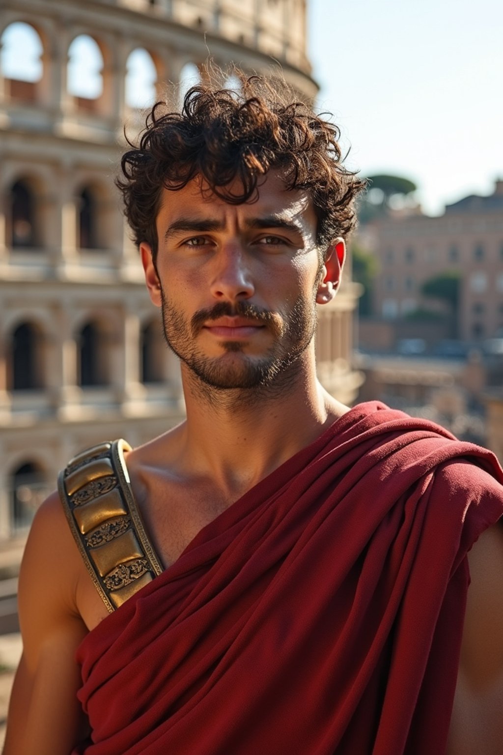 grand and historical man in Rome wearing a traditional Roman stola/toga, Colosseum in the background