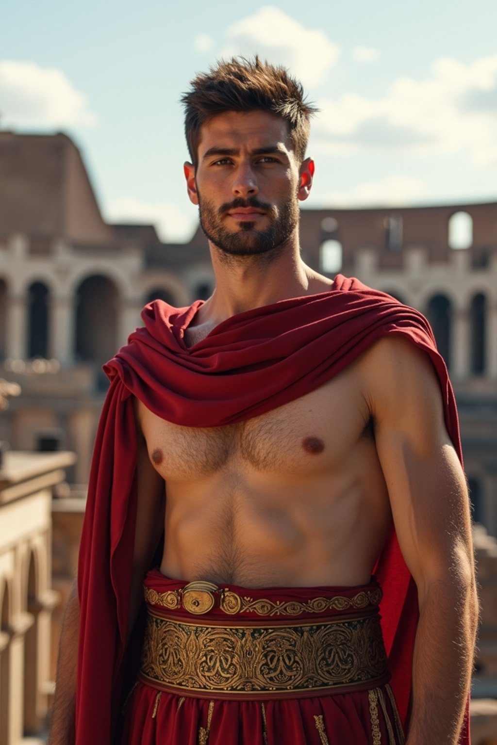 grand and historical man in Rome wearing a traditional Roman stola/toga, Colosseum in the background