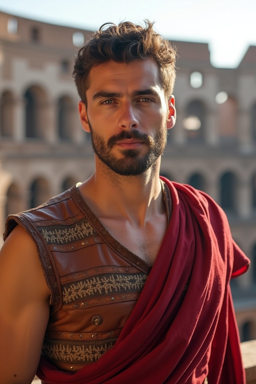 grand and historical man in Rome wearing a traditional Roman stola/toga, Colosseum in the background