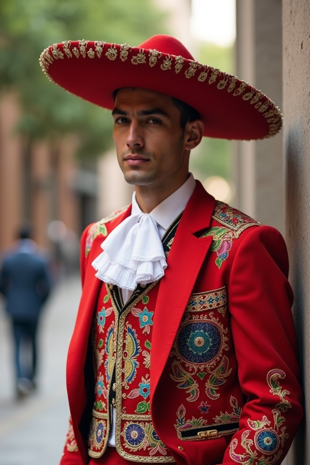 bold and cultural man in Mexico City wearing a traditional charro suit/china poblana, Frida Kahlo Museum in the background