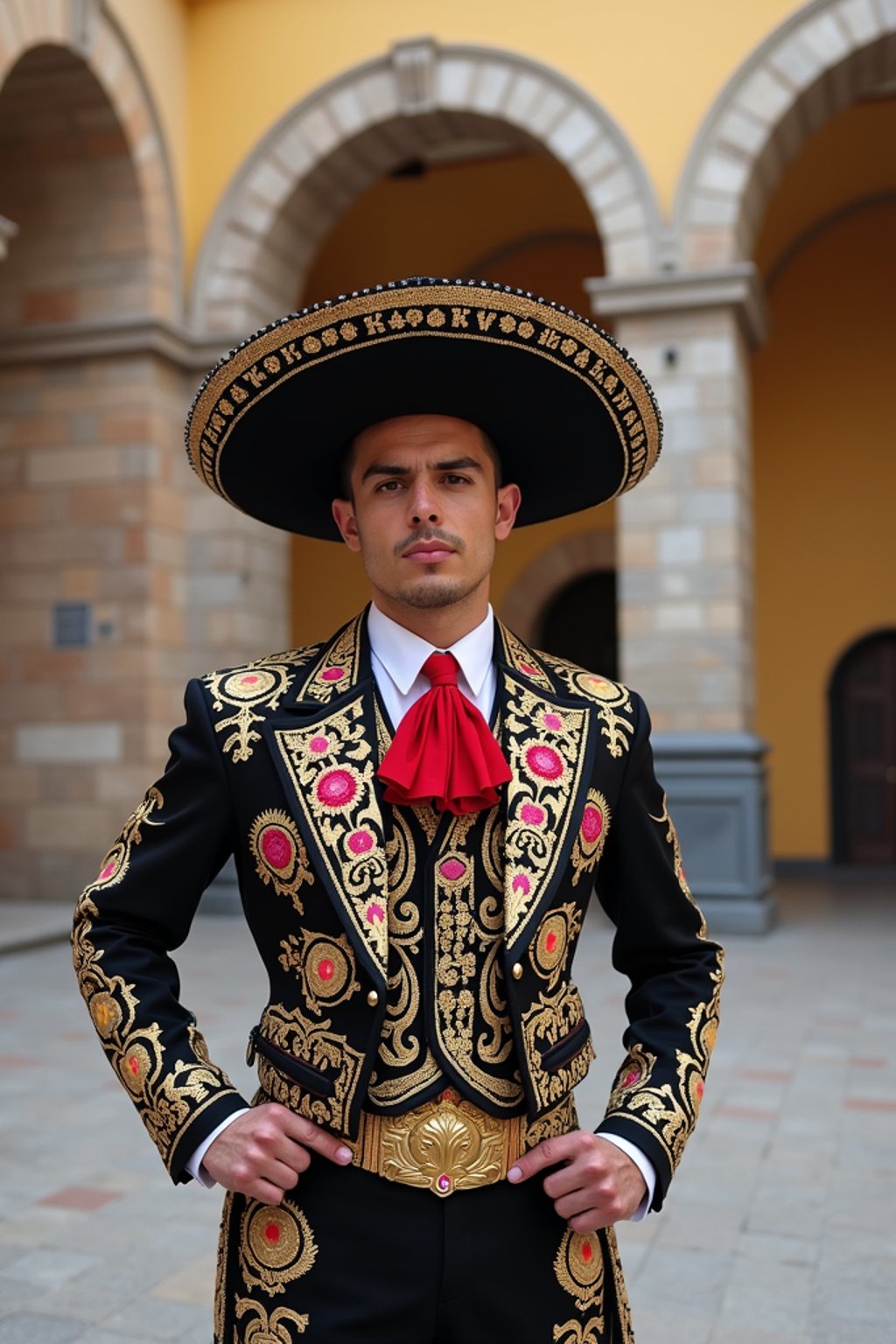 bold and cultural man in Mexico City wearing a traditional charro suit/china poblana, Frida Kahlo Museum in the background