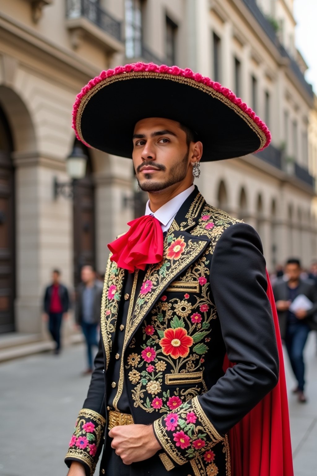 bold and cultural man in Mexico City wearing a traditional charro suit/china poblana, Frida Kahlo Museum in the background