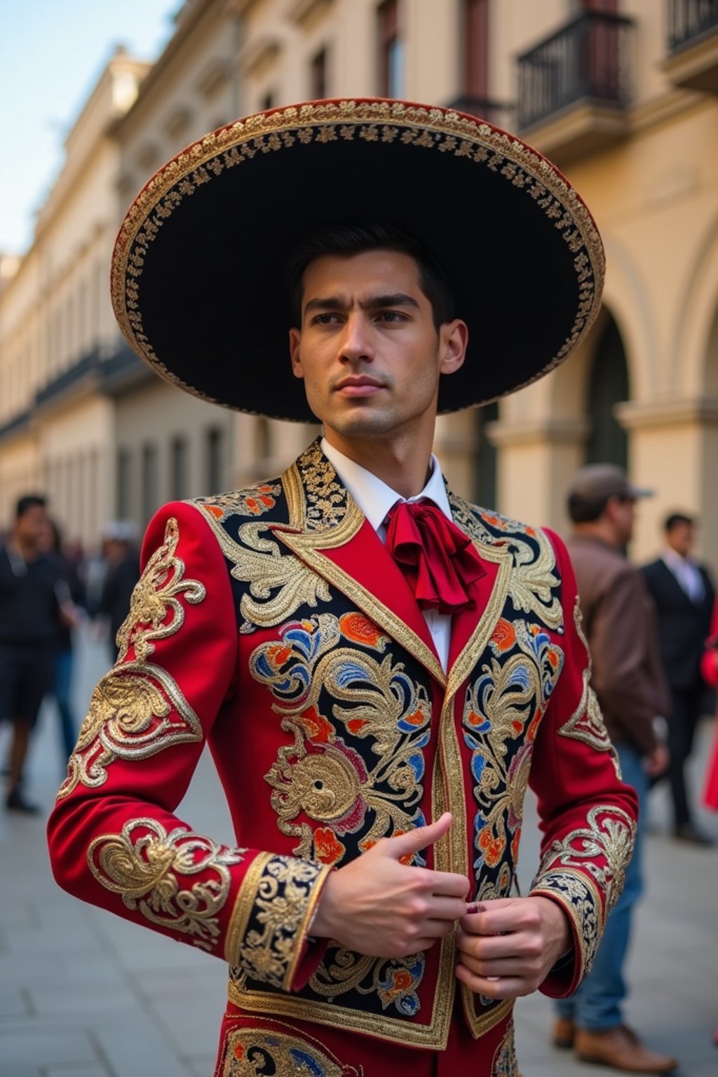 bold and cultural man in Mexico City wearing a traditional charro suit/china poblana, Frida Kahlo Museum in the background