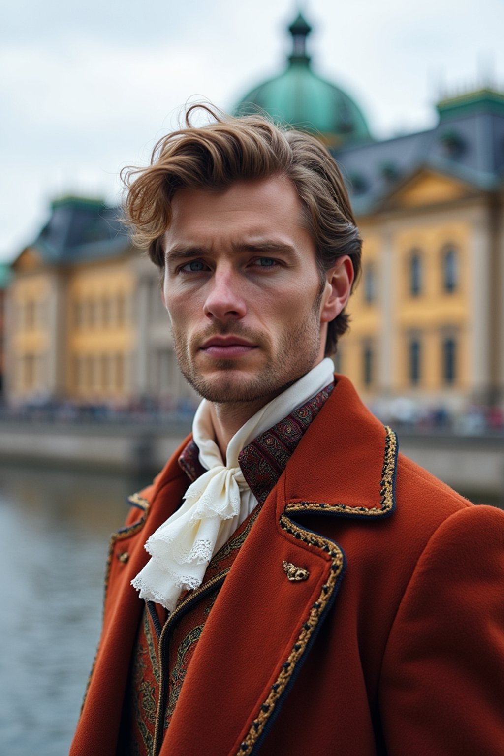 dignified and traditional man in Stockholm wearing a Swedish folkdräkt, Stockholm Palace in the background