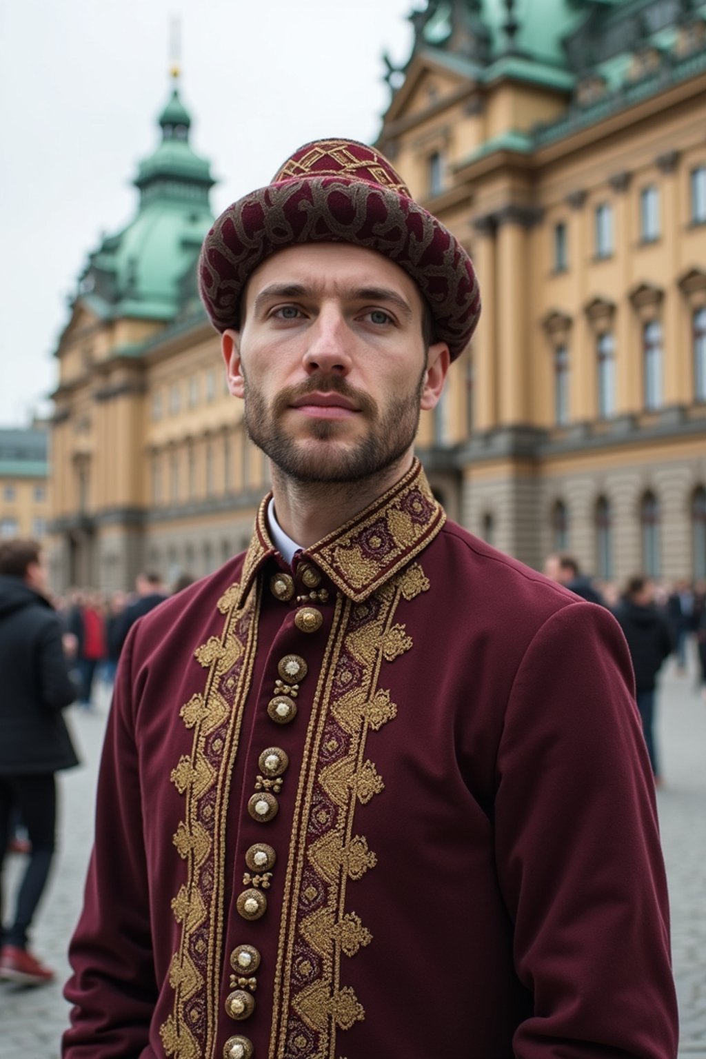 dignified and traditional man in Stockholm wearing a Swedish folkdräkt, Stockholm Palace in the background