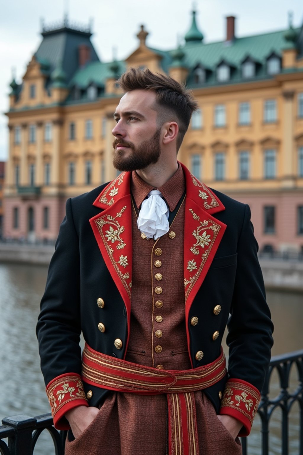 dignified and traditional man in Stockholm wearing a Swedish folkdräkt, Stockholm Palace in the background