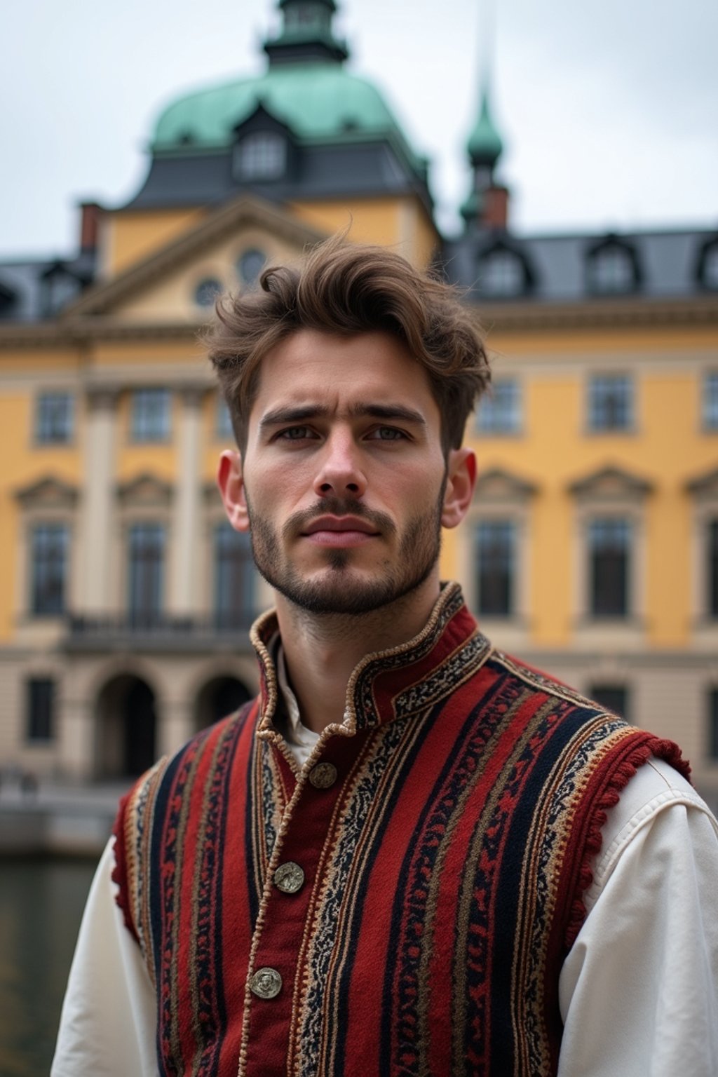 dignified and traditional man in Stockholm wearing a Swedish folkdräkt, Stockholm Palace in the background