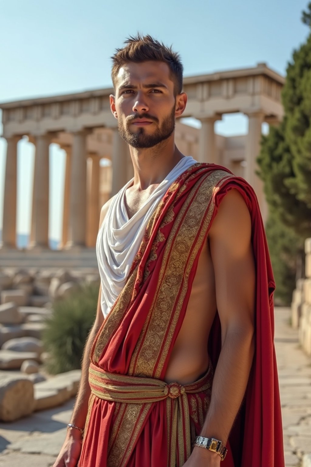 impressive and traditional man in Athens wearing a traditional Evzone uniform/Amalia dress, Parthenon in the background