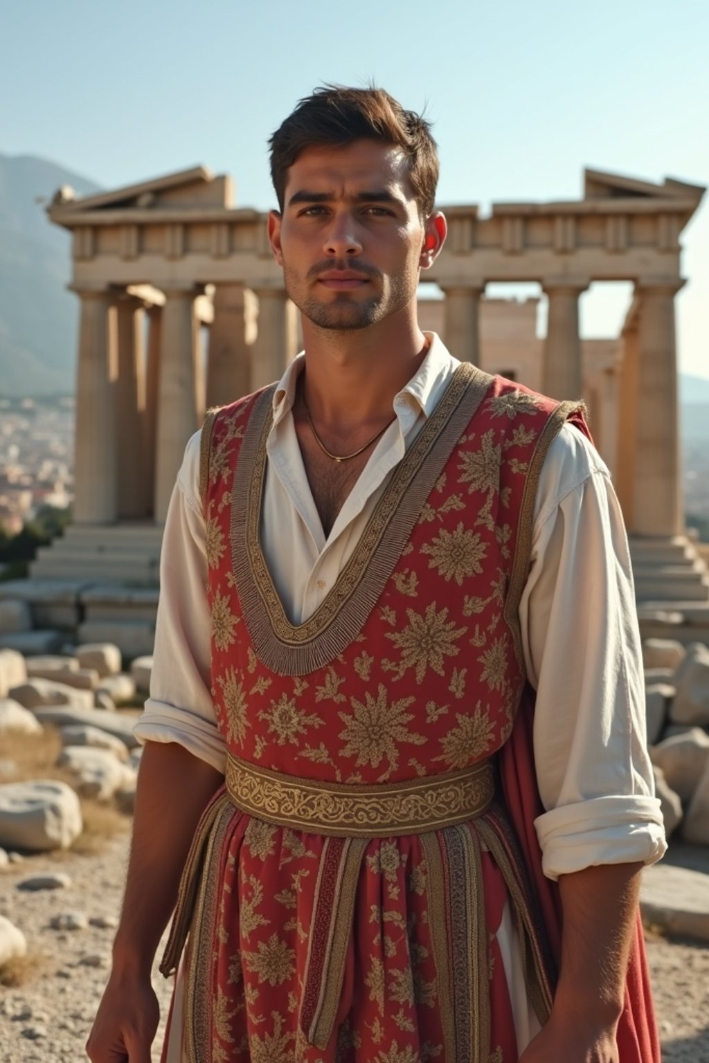 impressive and traditional man in Athens wearing a traditional Evzone uniform/Amalia dress, Parthenon in the background