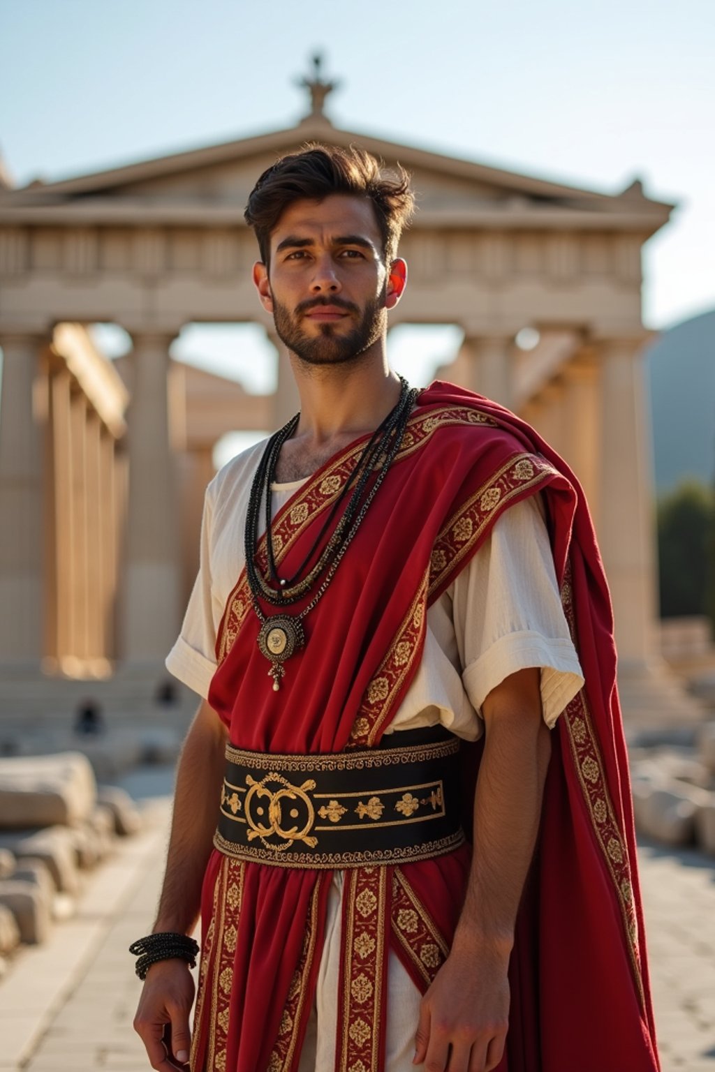 impressive and traditional man in Athens wearing a traditional Evzone uniform/Amalia dress, Parthenon in the background