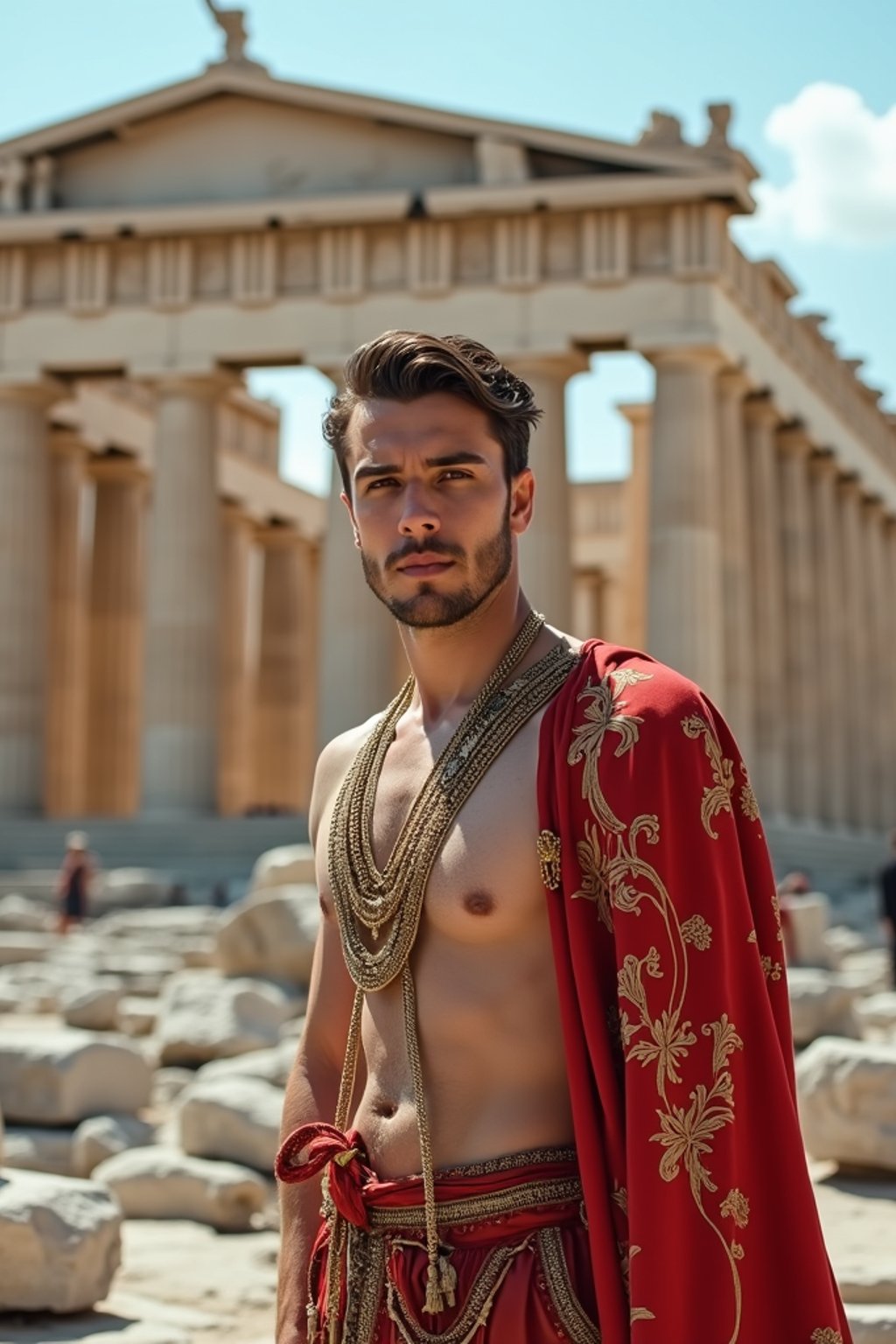 impressive and traditional man in Athens wearing a traditional Evzone uniform/Amalia dress, Parthenon in the background