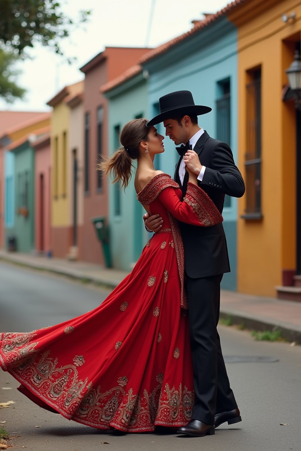 classy and traditional man in Buenos Aires wearing a tango dress/gaucho attire, colorful houses of La Boca neighborhood in the background