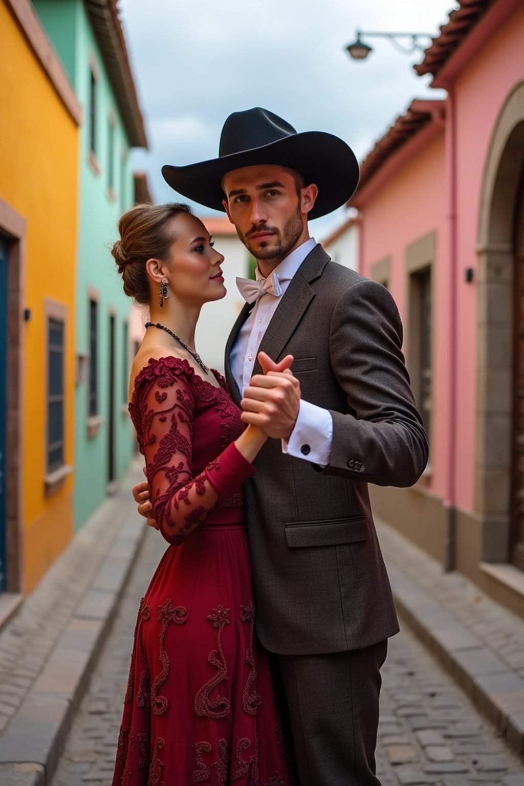 classy and traditional man in Buenos Aires wearing a tango dress/gaucho attire, colorful houses of La Boca neighborhood in the background