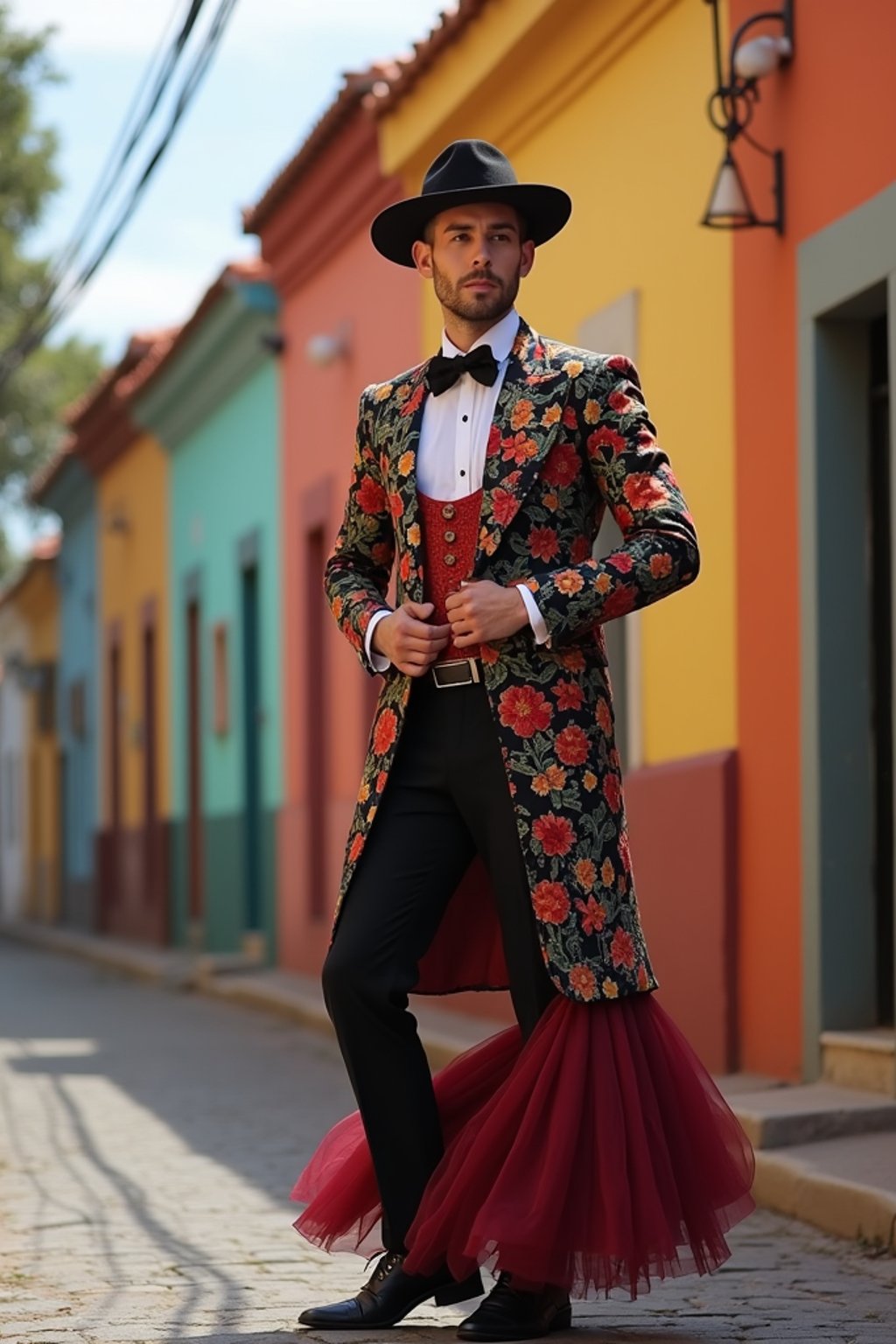 classy and traditional man in Buenos Aires wearing a tango dress/gaucho attire, colorful houses of La Boca neighborhood in the background