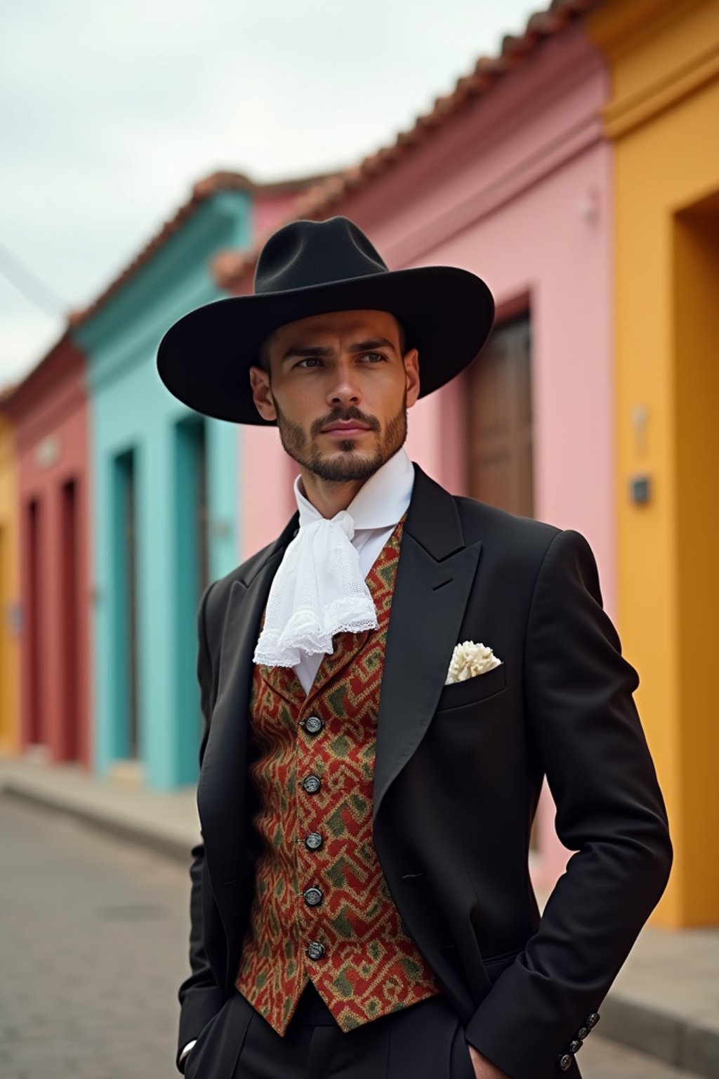 classy and traditional man in Buenos Aires wearing a tango dress/gaucho attire, colorful houses of La Boca neighborhood in the background