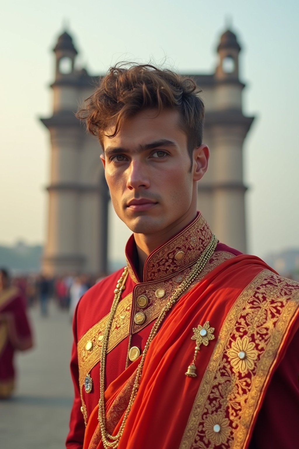 classic and traditional man in Mumbai wearing a vibrant Saree Sherwani, Gateway of India in the background