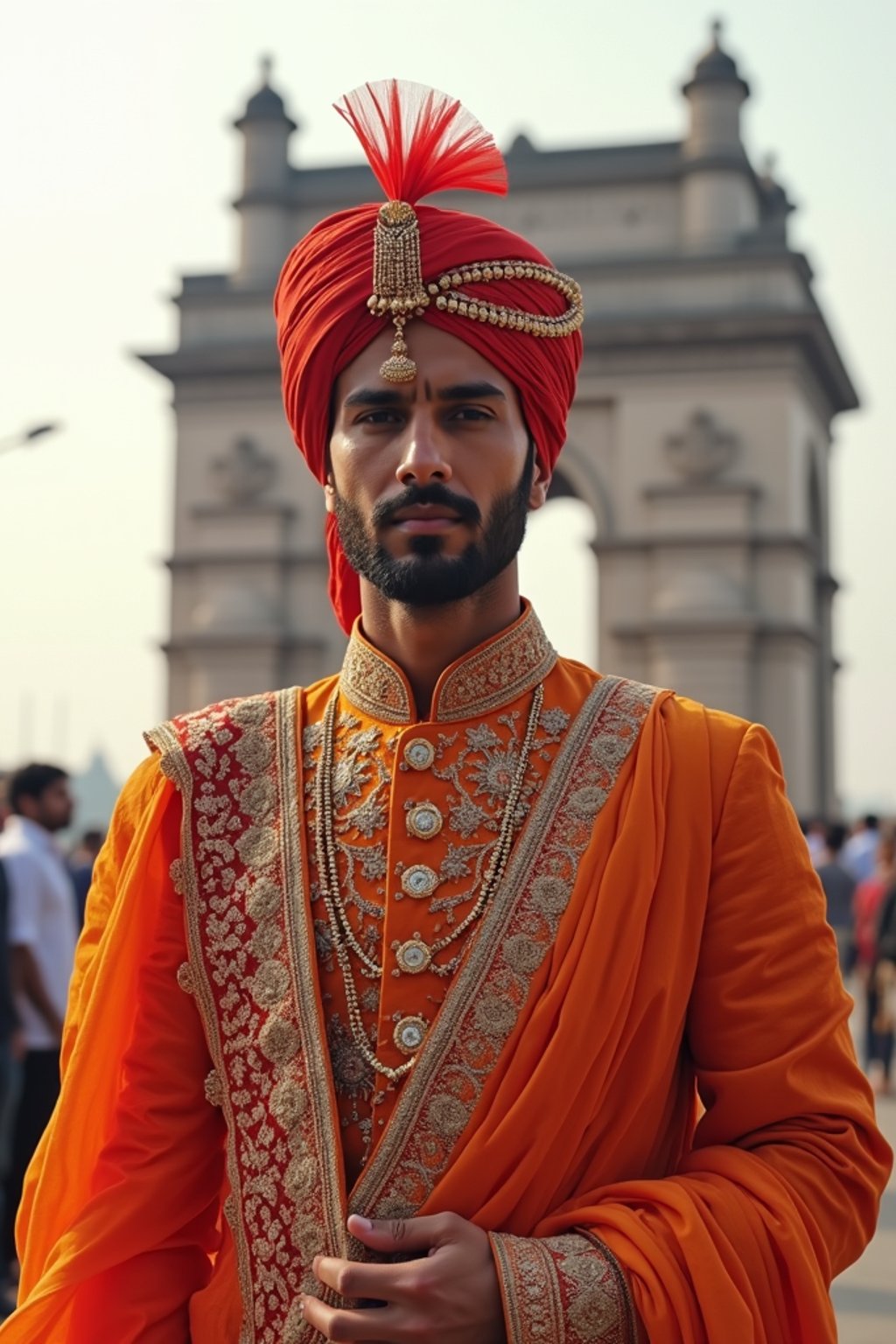 classic and traditional man in Mumbai wearing a vibrant Saree Sherwani, Gateway of India in the background