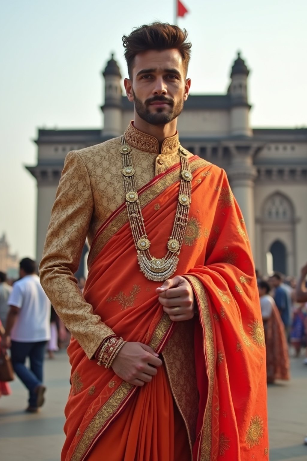 classic and traditional man in Mumbai wearing a vibrant Saree Sherwani, Gateway of India in the background