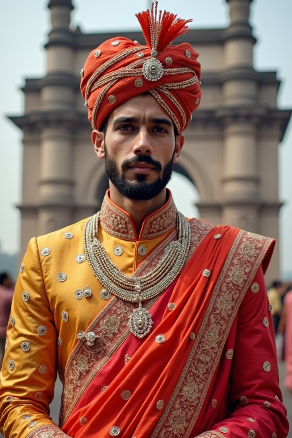 classic and traditional man in Mumbai wearing a vibrant Saree Sherwani, Gateway of India in the background