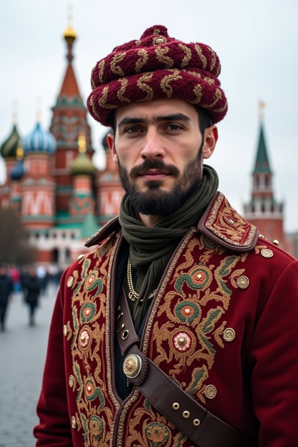 authentic and cultural man in Moscow wearing a traditional sarafan/kosovorotka, Saint Basil's Cathedral in the background