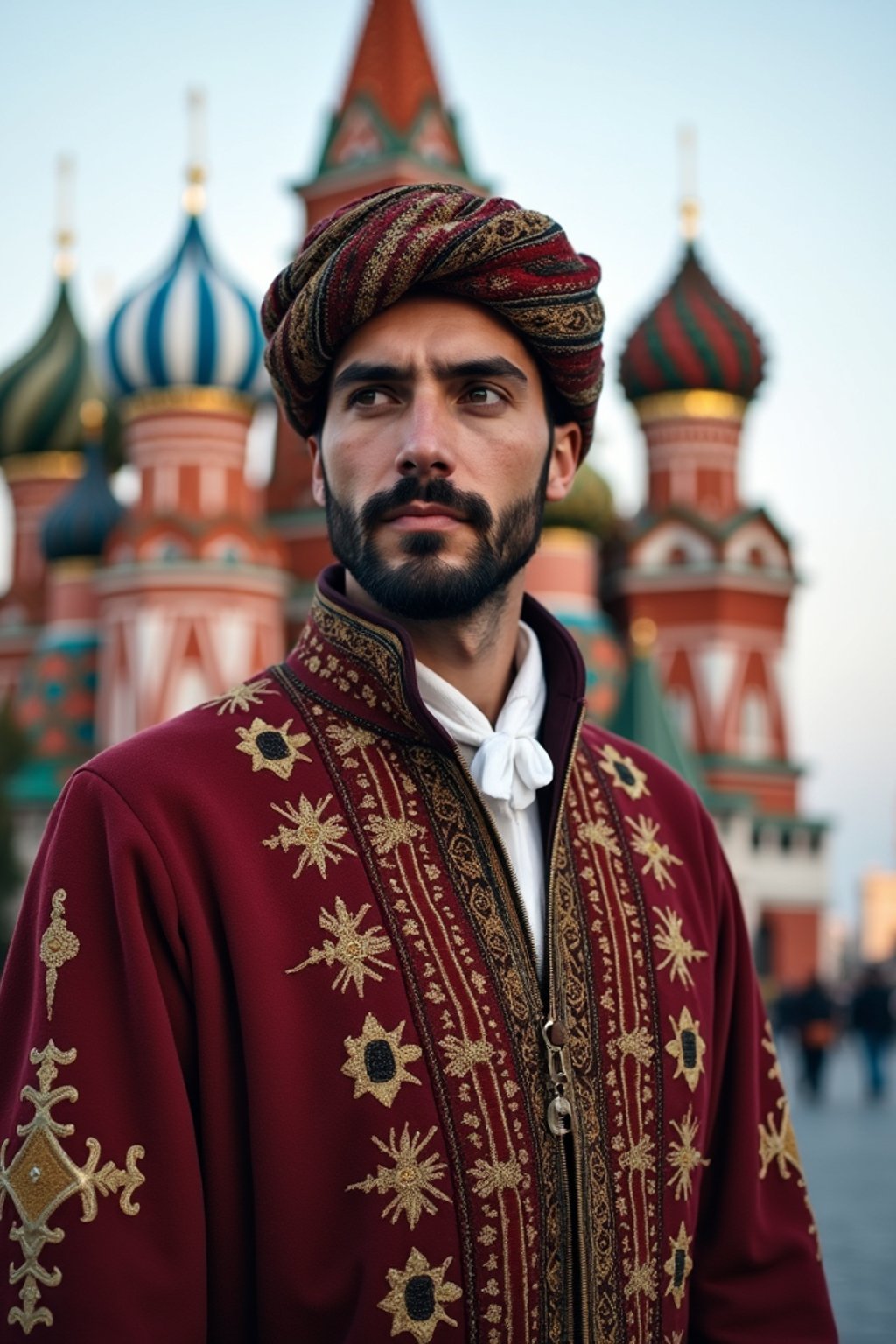 authentic and cultural man in Moscow wearing a traditional sarafan/kosovorotka, Saint Basil's Cathedral in the background