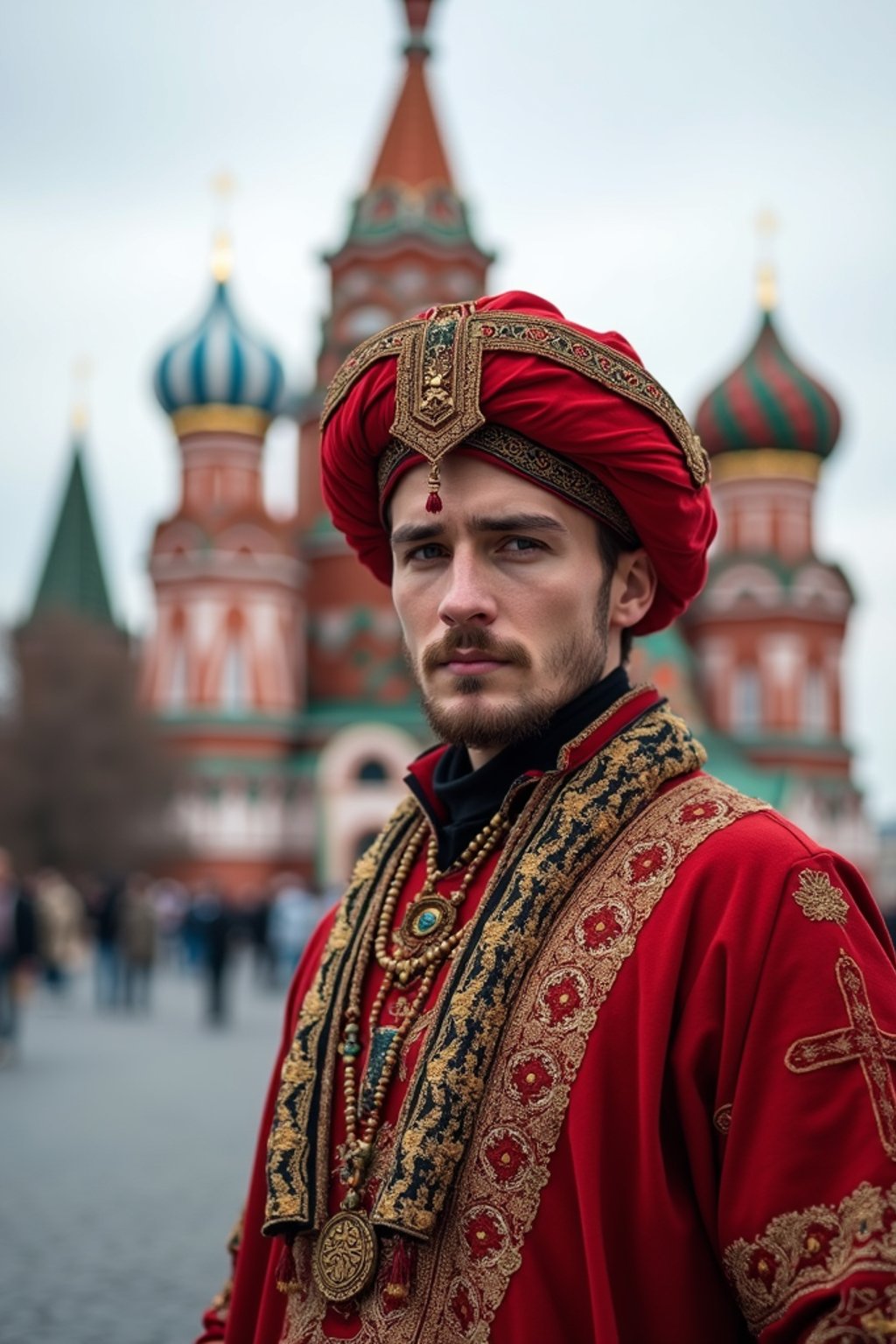 authentic and cultural man in Moscow wearing a traditional sarafan/kosovorotka, Saint Basil's Cathedral in the background