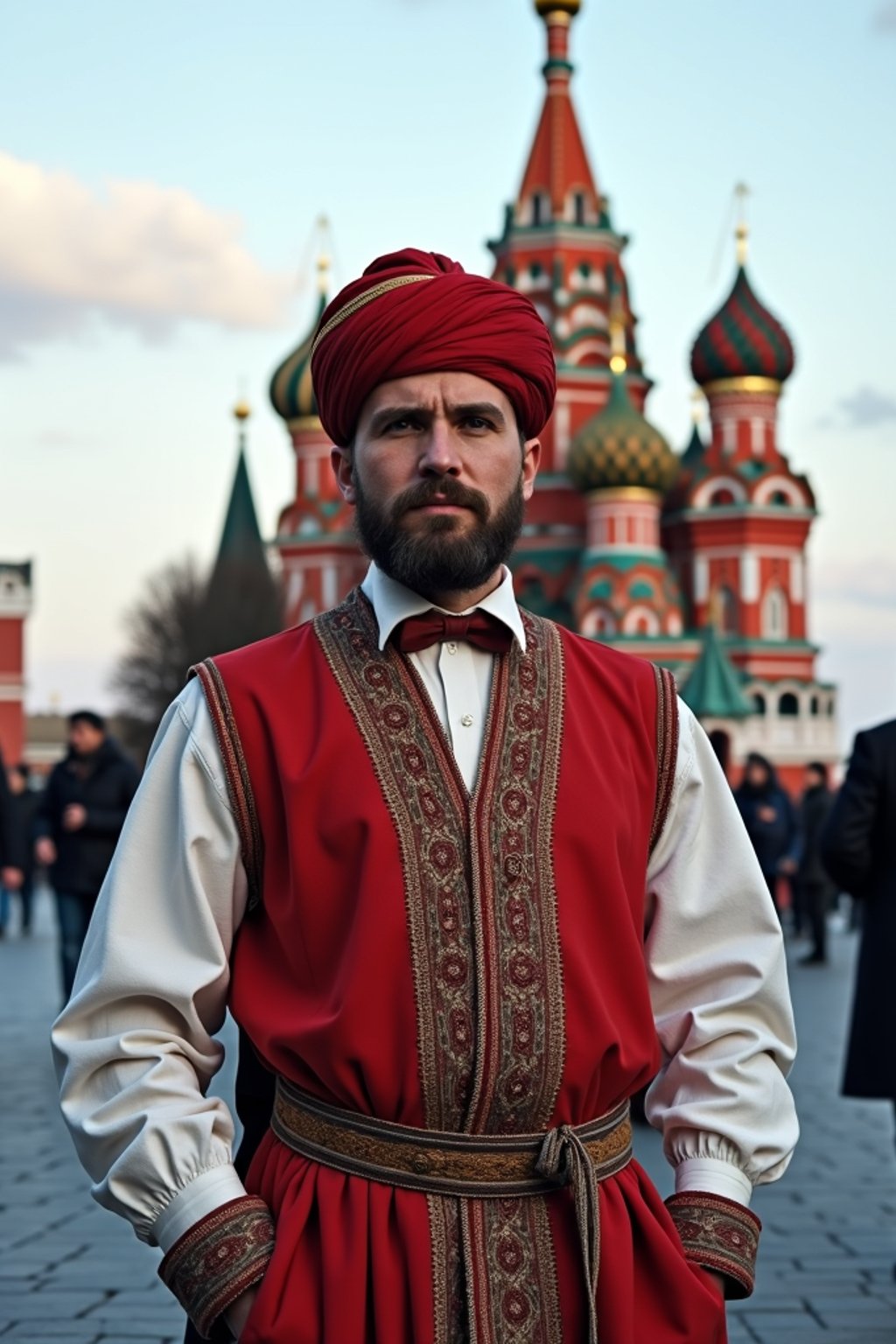 authentic and cultural man in Moscow wearing a traditional sarafan/kosovorotka, Saint Basil's Cathedral in the background