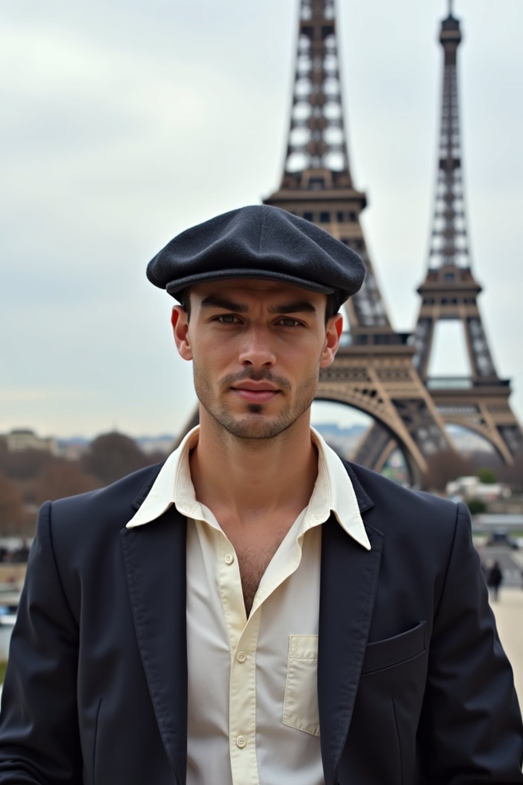 polished and traditional man in Paris wearing a traditional Breton shirt and beret, Eiffel Tower in the background