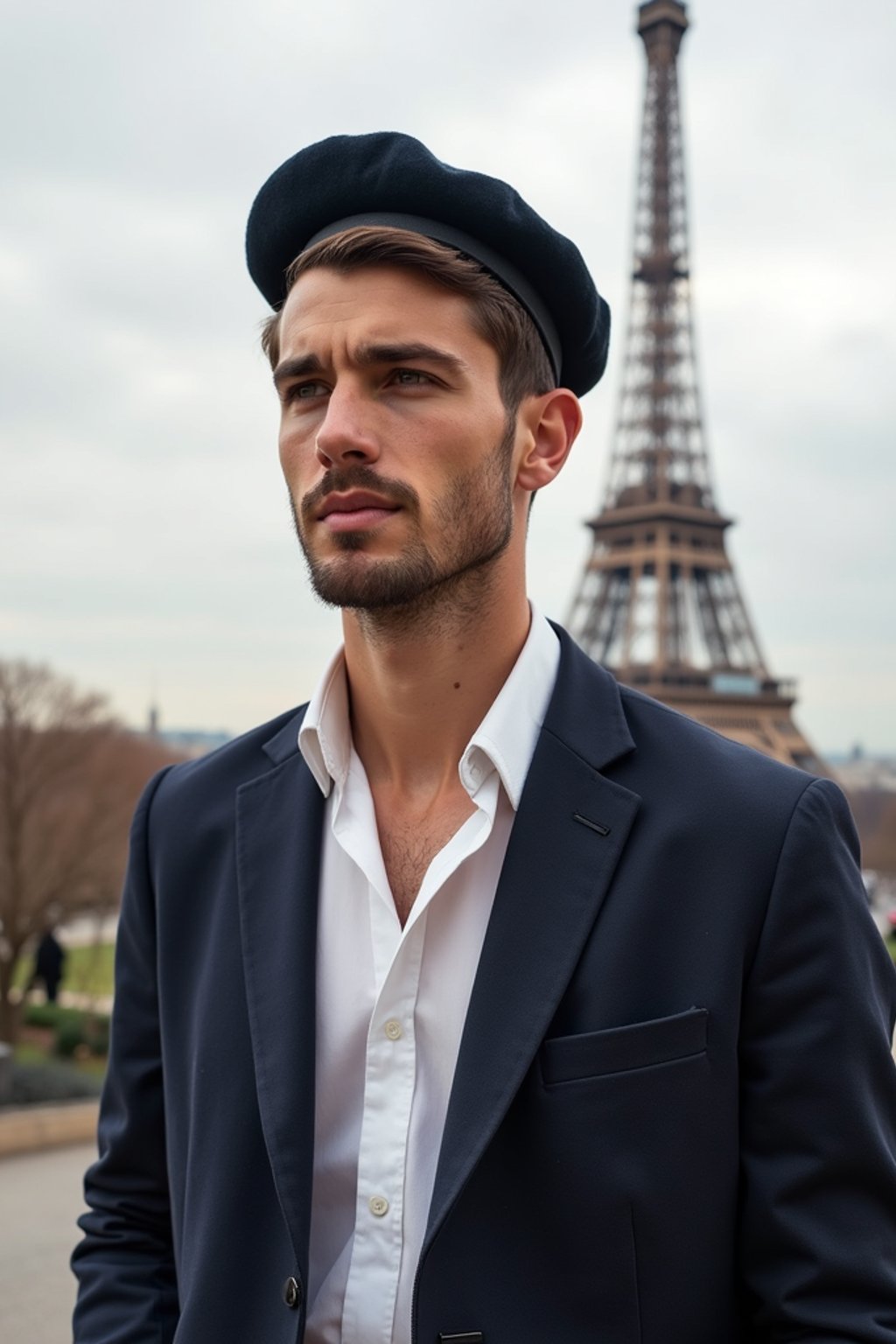 polished and traditional man in Paris wearing a traditional Breton shirt and beret, Eiffel Tower in the background