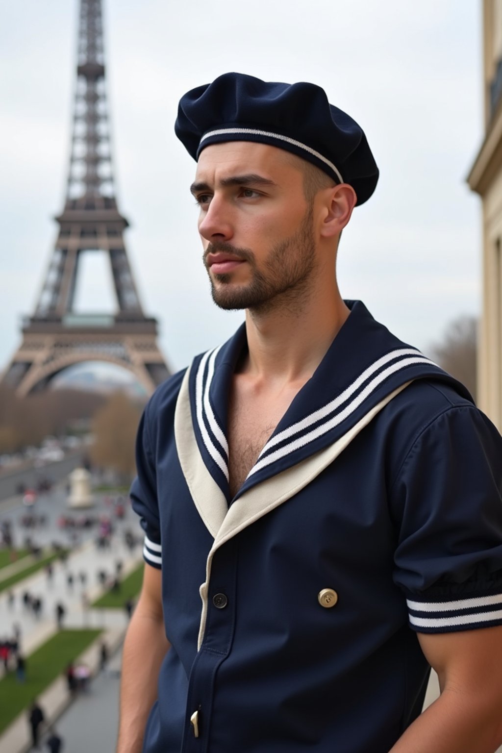 polished and traditional man in Paris wearing a traditional Breton shirt and beret, Eiffel Tower in the background