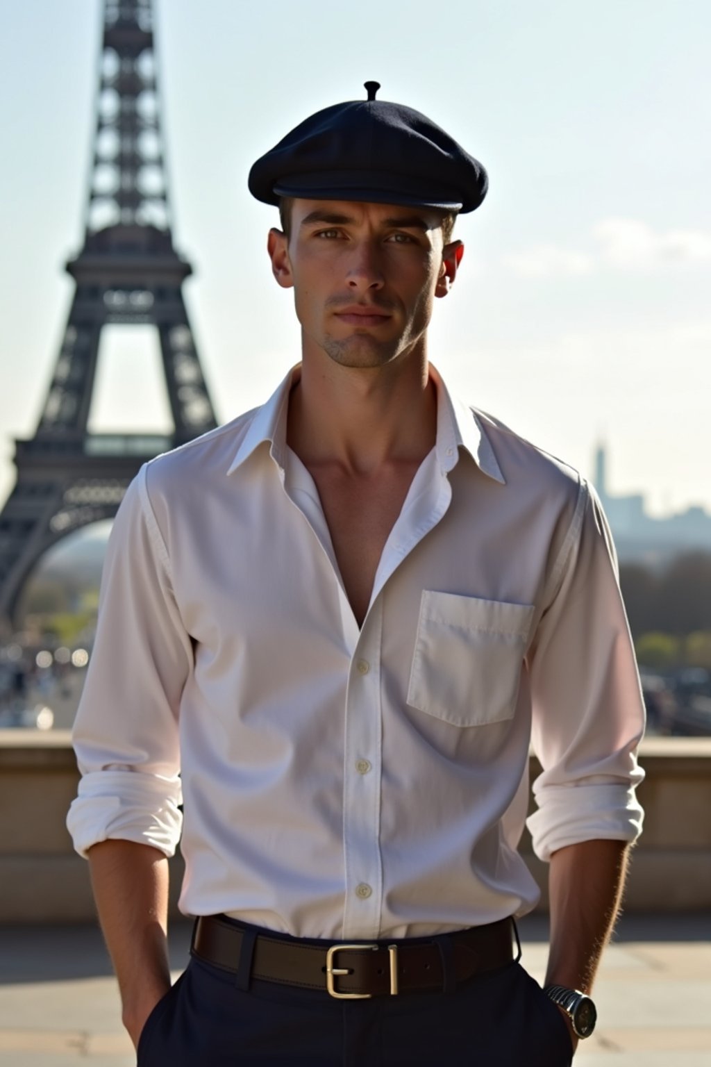 polished and traditional man in Paris wearing a traditional Breton shirt and beret, Eiffel Tower in the background