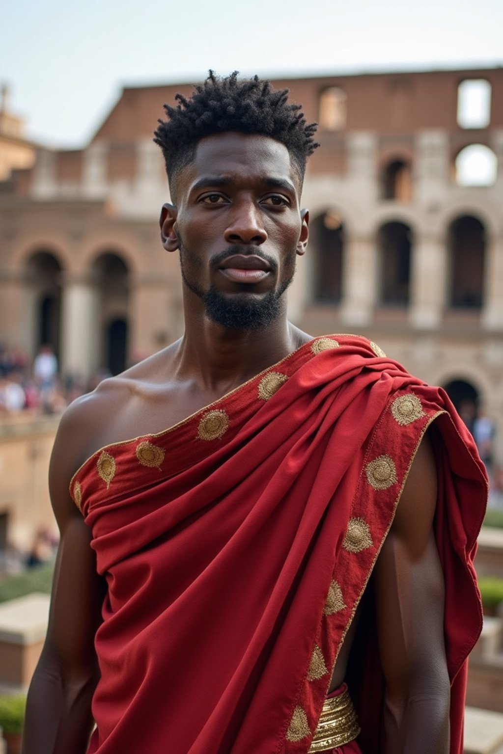 grand and historical man in Rome wearing a traditional Roman stola/toga, Colosseum in the background