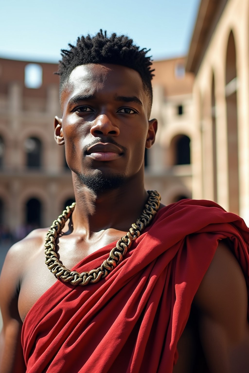 grand and historical man in Rome wearing a traditional Roman stola/toga, Colosseum in the background