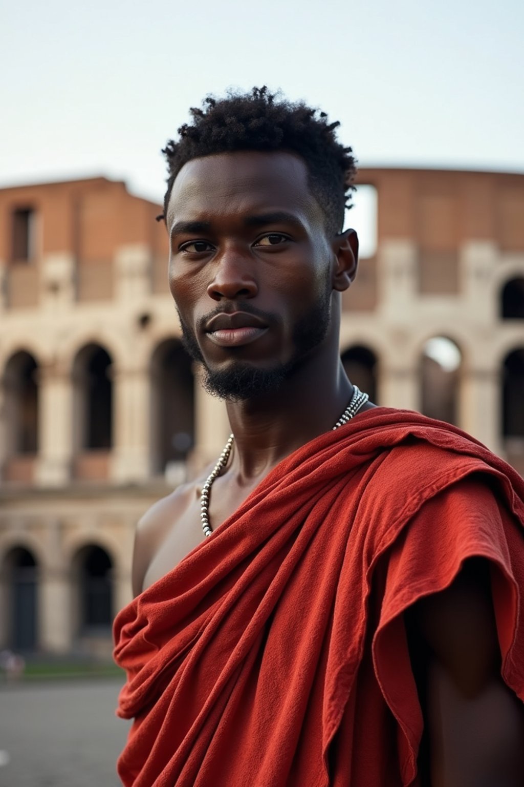 grand and historical man in Rome wearing a traditional Roman stola/toga, Colosseum in the background