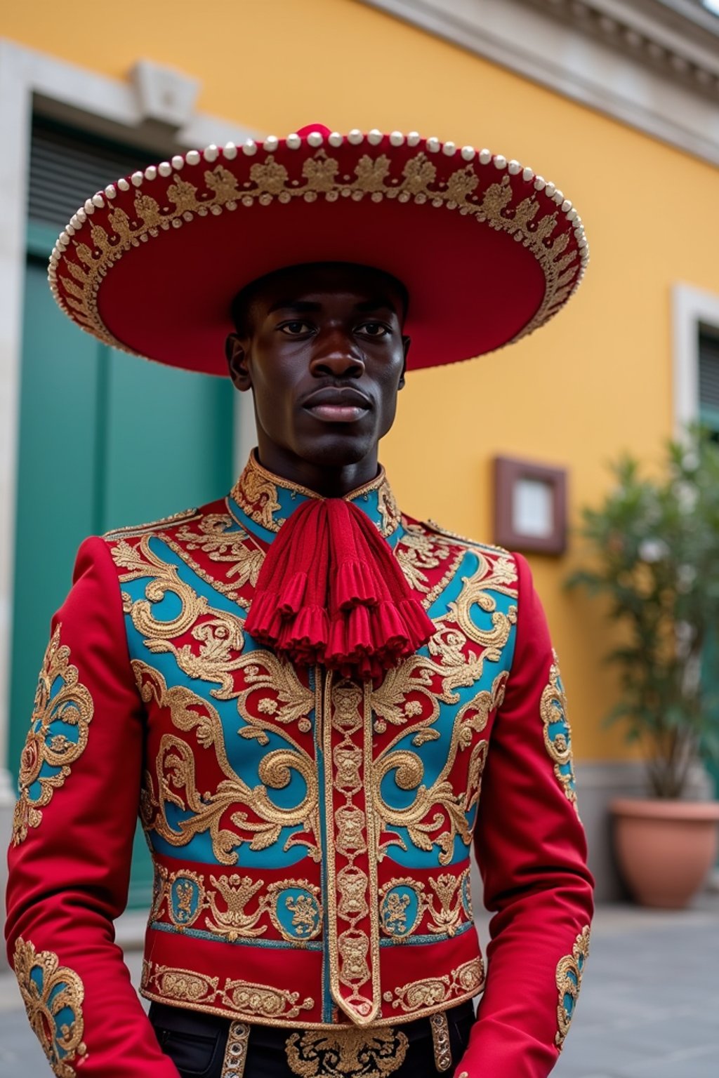 bold and cultural man in Mexico City wearing a traditional charro suit/china poblana, Frida Kahlo Museum in the background