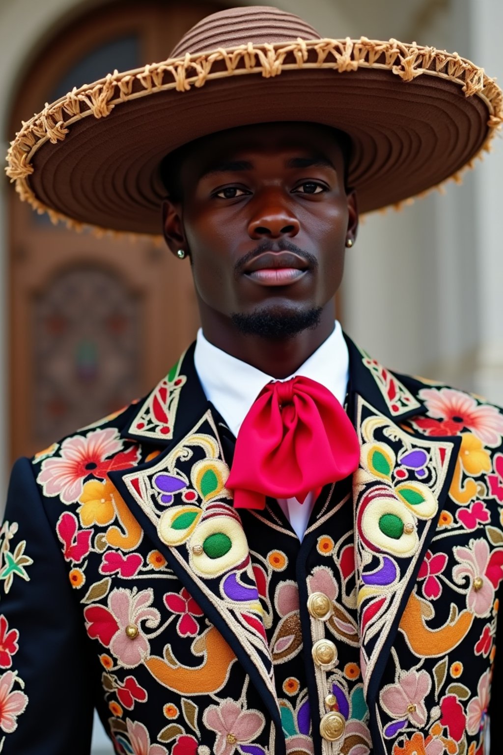 bold and cultural man in Mexico City wearing a traditional charro suit/china poblana, Frida Kahlo Museum in the background