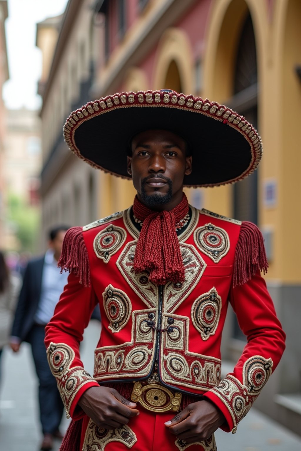 bold and cultural man in Mexico City wearing a traditional charro suit/china poblana, Frida Kahlo Museum in the background