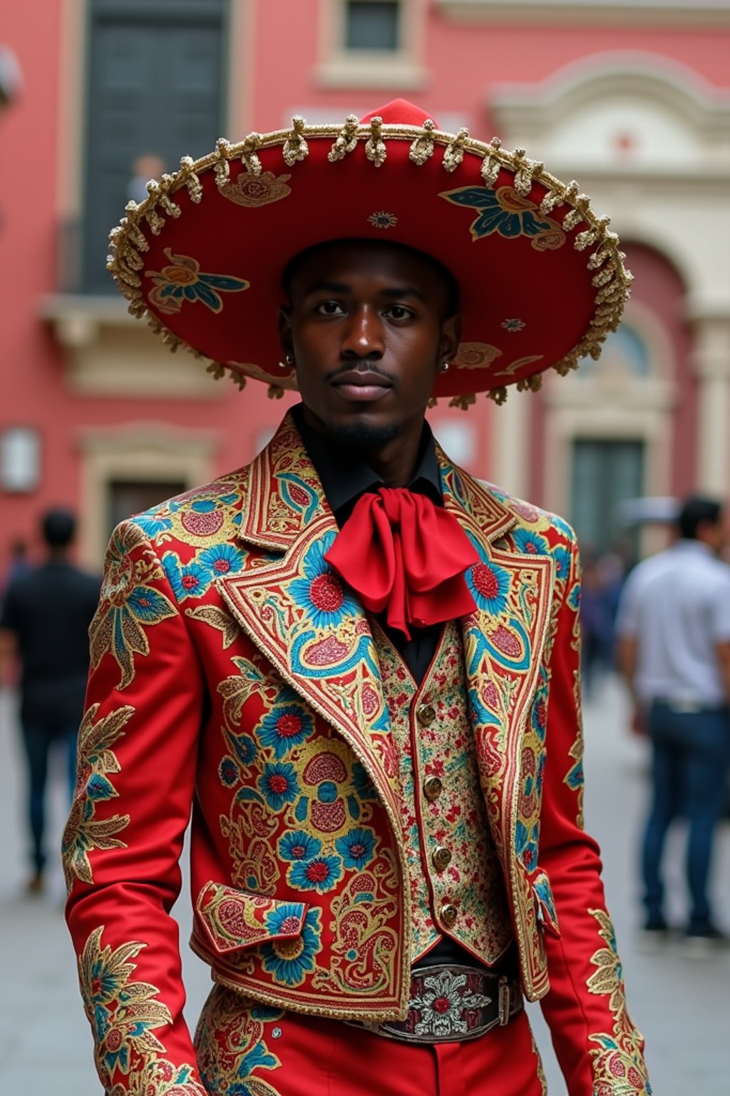 bold and cultural man in Mexico City wearing a traditional charro suit/china poblana, Frida Kahlo Museum in the background